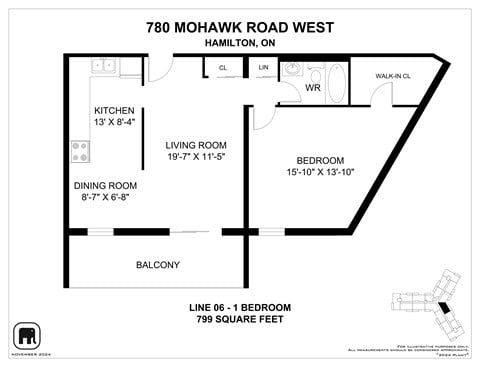 Floor plan for 1 bed, 1 bath, 798 sqft